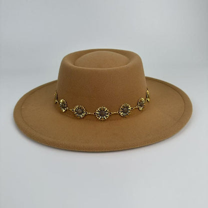1pc Bohemian-style Unique and Fashionable Felt Hat - Decorated with Exquisite Golden Flower Chain Fedora Hat - Suitable for Daily Street Style, Music Festival Outfits, Bohemian-inspired Looks, Casual Outings and Trendy Season