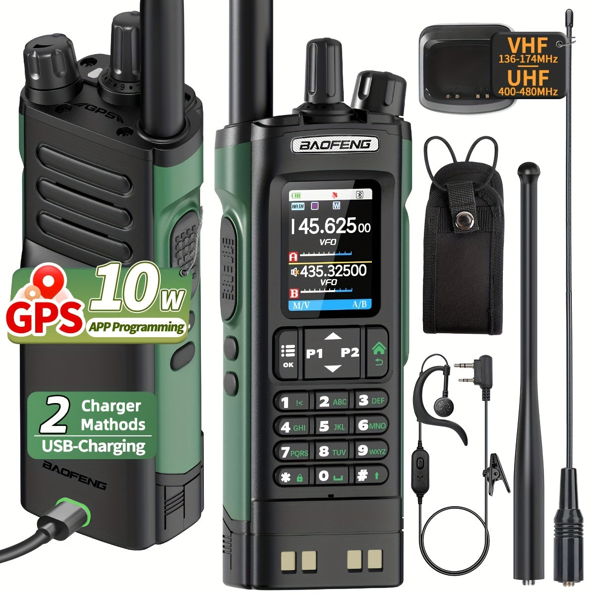 BAOFENG UV-32 Walkie Talkie GPS 10W Long Range Handheld NOAA Weather Receiver Rechargeable Walkie Talkies With GPS, AM, Copy Frequency, USB-C Rechargeable Battery Two Way Radio For Camping Hinking