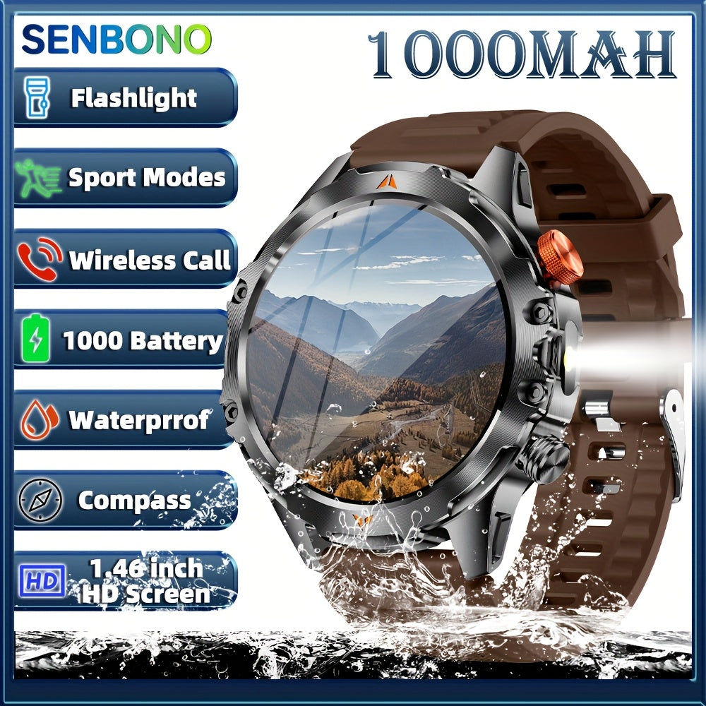 SENBONO Men‘s Smart Watch with 1000mAh Large Battery, 60Days+ Standby Time, 100+ Sports Modes, Wireless Calling, Strong LED Flashlight & Compass, 1.46inch HD Display, 360*360 Resolution, USB Rechargeable, Smart Watch for Me