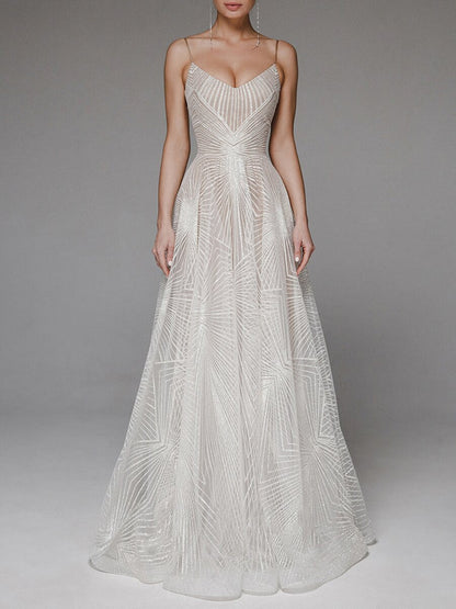 Geometric Beaded Spaghetti Strap V-Neck Flared Wedding Dress, Lightweight Tulle Fitted Gown, Simple and Elegant Style