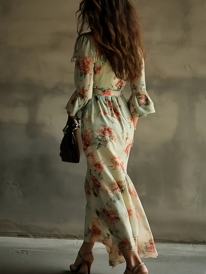 Bohemian Floral V-Neck Maxi Dress - Lightweight Chiffon Sundress Featuring a Stylish High Slit, Perfect for Festivals Or Beach Cover-Ups, with a Flowing Hem Ideal for Music Festivals And Holidays