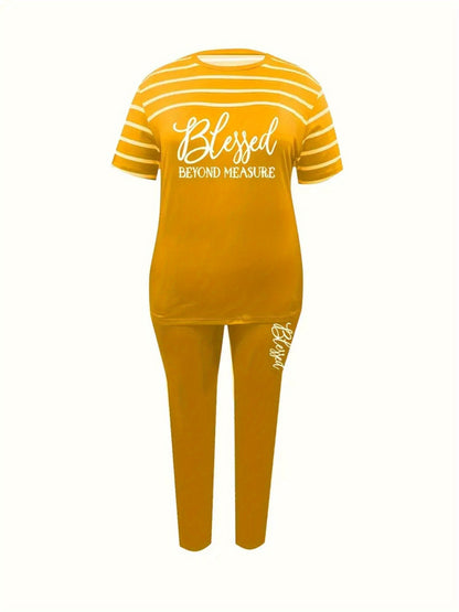 Women'S Casual Short Sleeve Long Pants Set, Fashionable Striped Blessing Print with Pockets