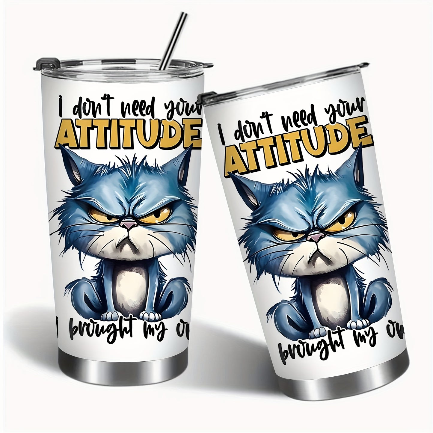 1pc 20oz Stainless Steel Tumbler with Lid - Double-Wall Vacuum Insulated Cup, Leakproof & -Slip Grip, Funny Grumpy Design with "I Don't Need Your ATTITUDE" Slogan, Hot/Cold Beverage for Office, Travel, Camping, School - Gift