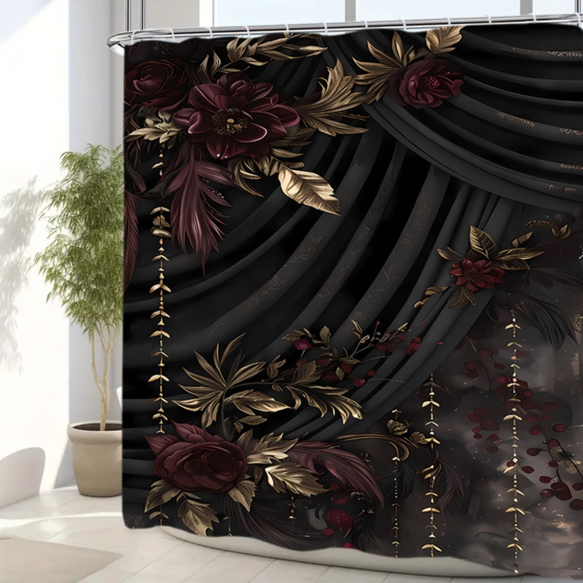 A Set of 1-4 Gold-Plated Rose Design Shower Curtains for The Bathroom, Complete with 12 Hooks, a Non-Slip Bath Mat, a U-Shaped Toilet Pad, a Toilet Seat Cover, And Decorative Items for The Bathroom, Ideal for Shower Curtain S