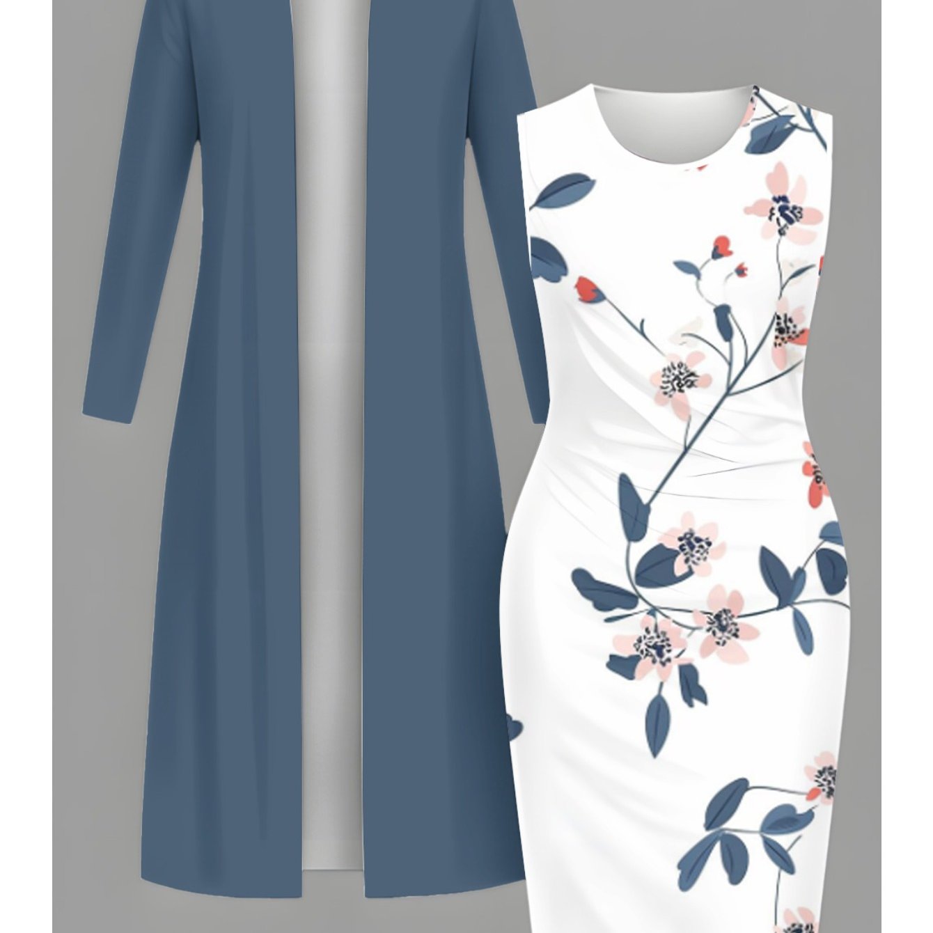 Plus Size, [Hot Item, Plus-Size Dress 2pcs Set] Fashionable, Elegant, and Classy Long Cardigan + Cinched-waist Long Dress Set. A Versatile Casual Outfit Perfect for Holidays, Creating Multiple Styles with One Set. Available i