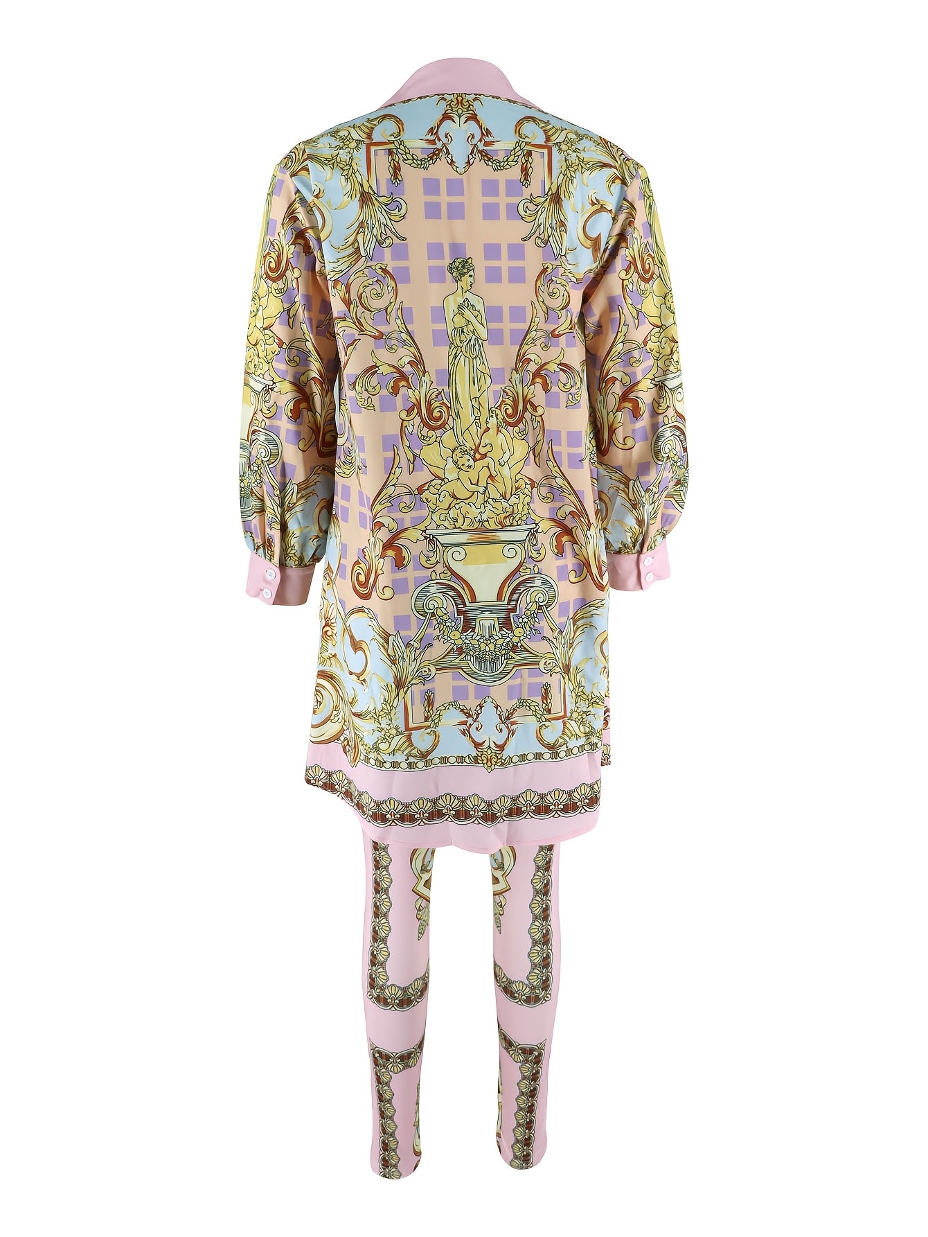 GY029 Vacation Style - Pink Printed Casual Tight Pants - Two-Piece Set for Women - Valentine's Day