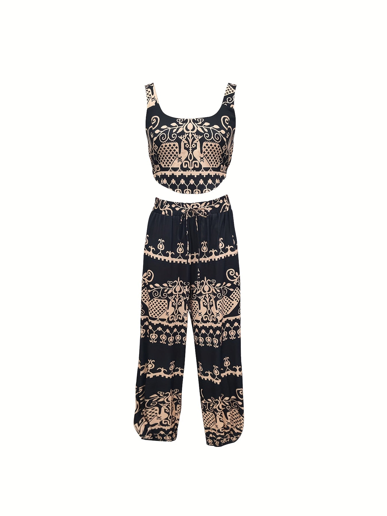 Women'S Stylish Black Paisley Print Tank Top And Drawstring Pants Set