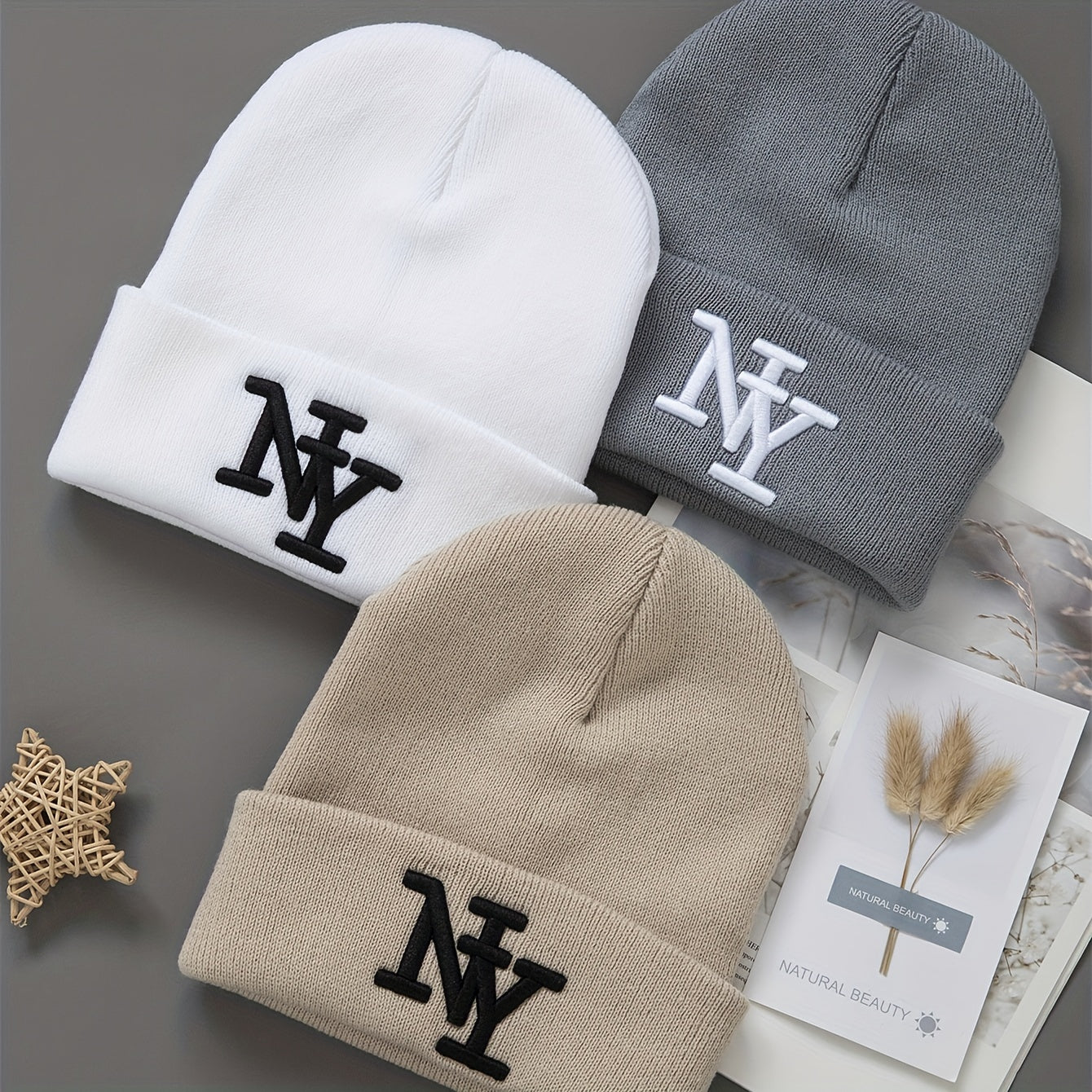 Unisex Winter Beanie Hats - 3-Pack Solid Color - Knitted Warm Outdoor Caps with Embroidered NY Logo - Hand Washable - Black