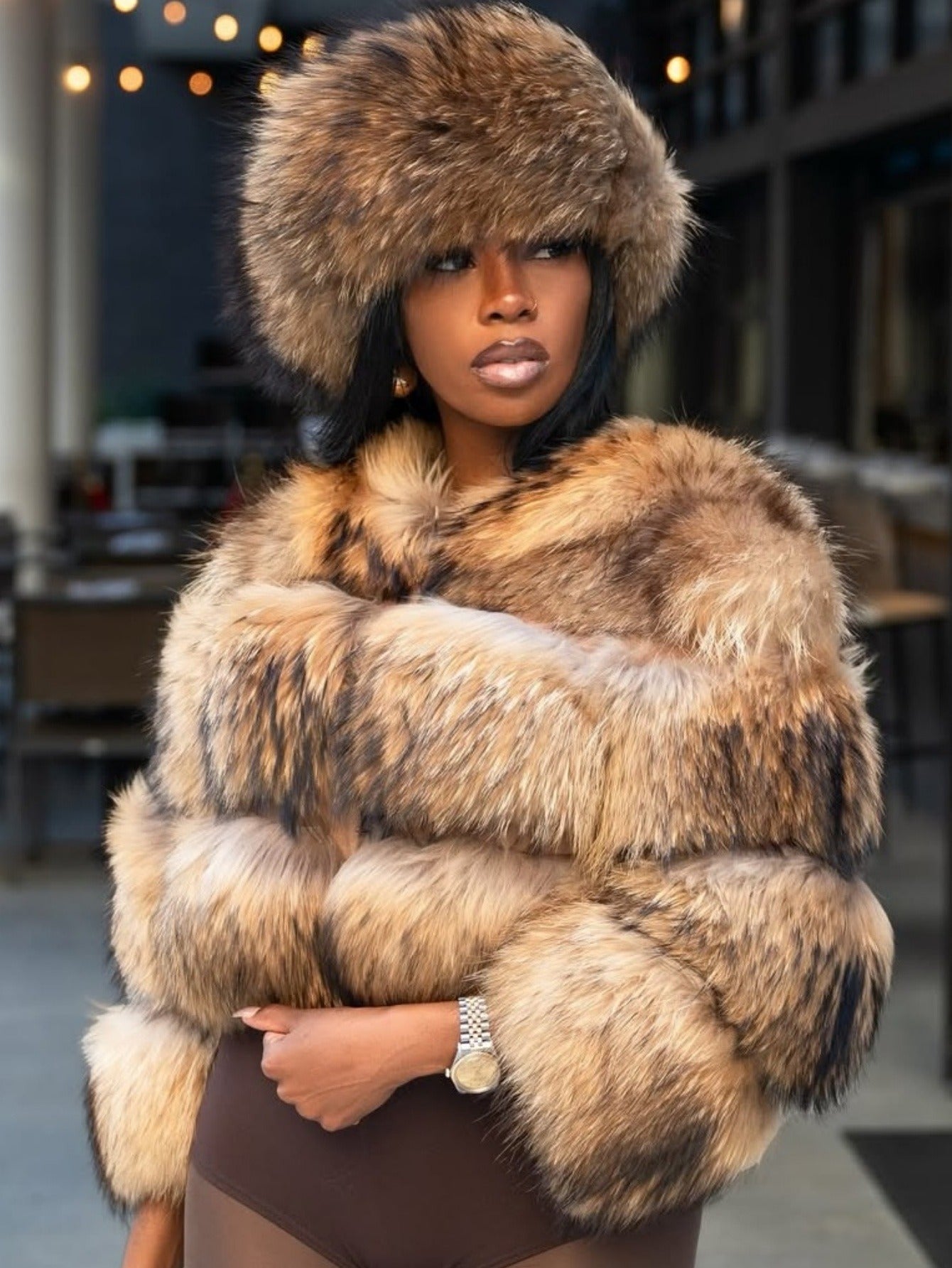 GlOURI Women's Brown Faux Fur Cropped Jacket - Luxurious Plush Oversized Vegan Coat, H-Line Short Winter Jacket for Parties, Evening Events & Streetwear | Hand Washable Non-Stretch Outerwear