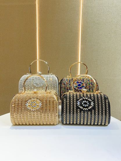 Glamorous Black & Golden Rhinestone Embellished Clutch with Detachable Strap - Sparkly Geometric Evening Bag for Parties, Banquets, and Formal Gatherings, Banquet Accessory | Polyester Construction, Party Purse