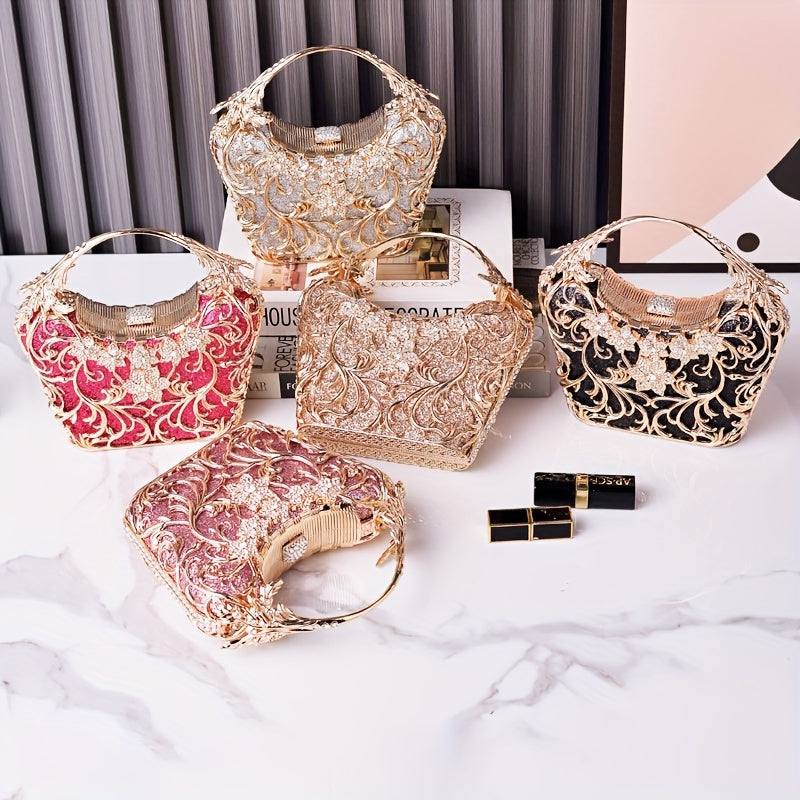 Perfect for Weddings, Proms & Formal Events - Handcrafted Rhinestone Clutch Purse - Luxurious Floral Evening Bag for Women - Elegant Dinner Handbag with Glittering Rhinestones & Golden-Tone Metal Handle