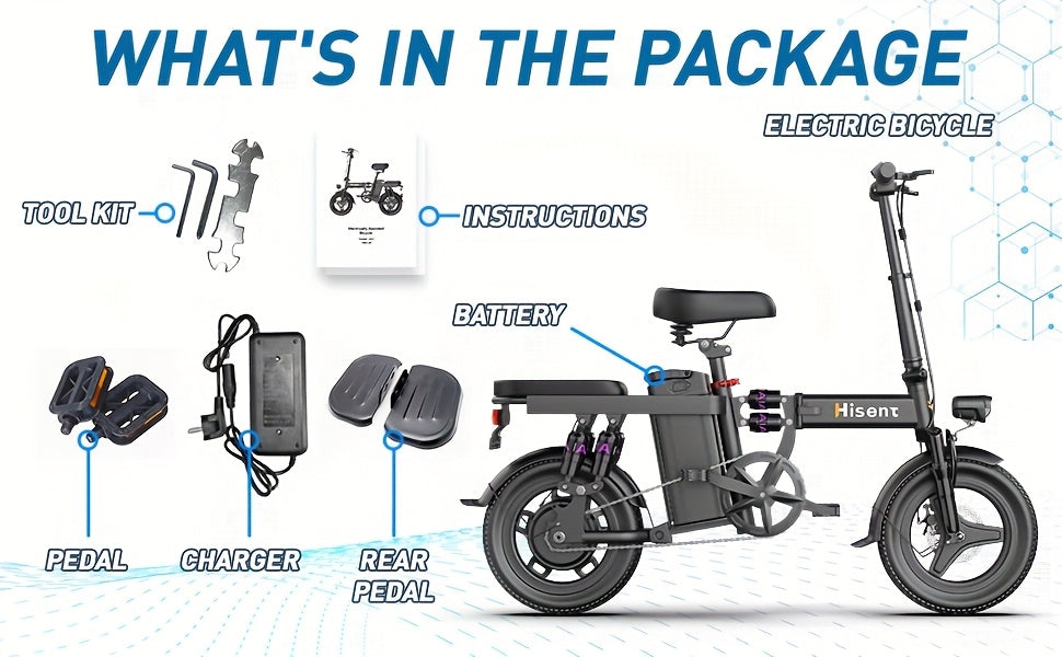 Hisent Adult Electric Bicycle, 48V 6A10A/15A/17.5A Lithium Battery, 20MPH, 8-35 Miles Range, 740W Brushless Motor, Multiple Shock Absorbers, 14" High-quality Tires, 3-step Folding, LCD Display, with Headlight And Taillight, C