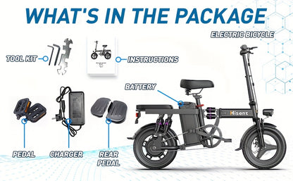 Hisent Adult Electric Bicycle, 48V 6A10A/15A/17.5A Lithium Battery, 20MPH, 8-35 Miles Range, 740W Brushless Motor, Multiple Shock Absorbers, 14" High-quality Tires, 3-step Folding, LCD Display, with Headlight And Taillight, C