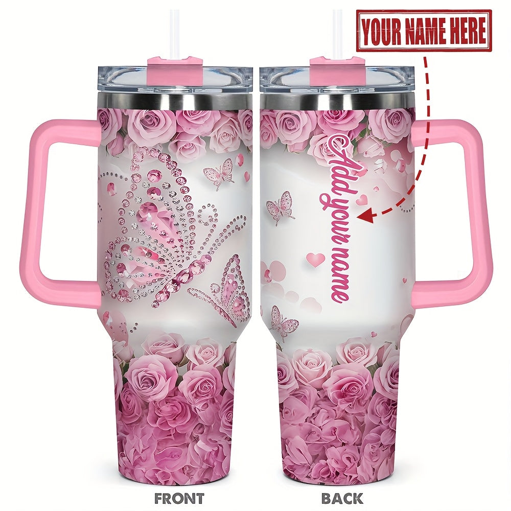 One Personalized 40Oz Tumbler Featuring a Lid And a Butterfly Design, Customized with a Name. This Stainless Steel Water Bottle Is Insulated And Built to Last, Making It a Perfect Gift for Various Occasions Such As Birthdays,