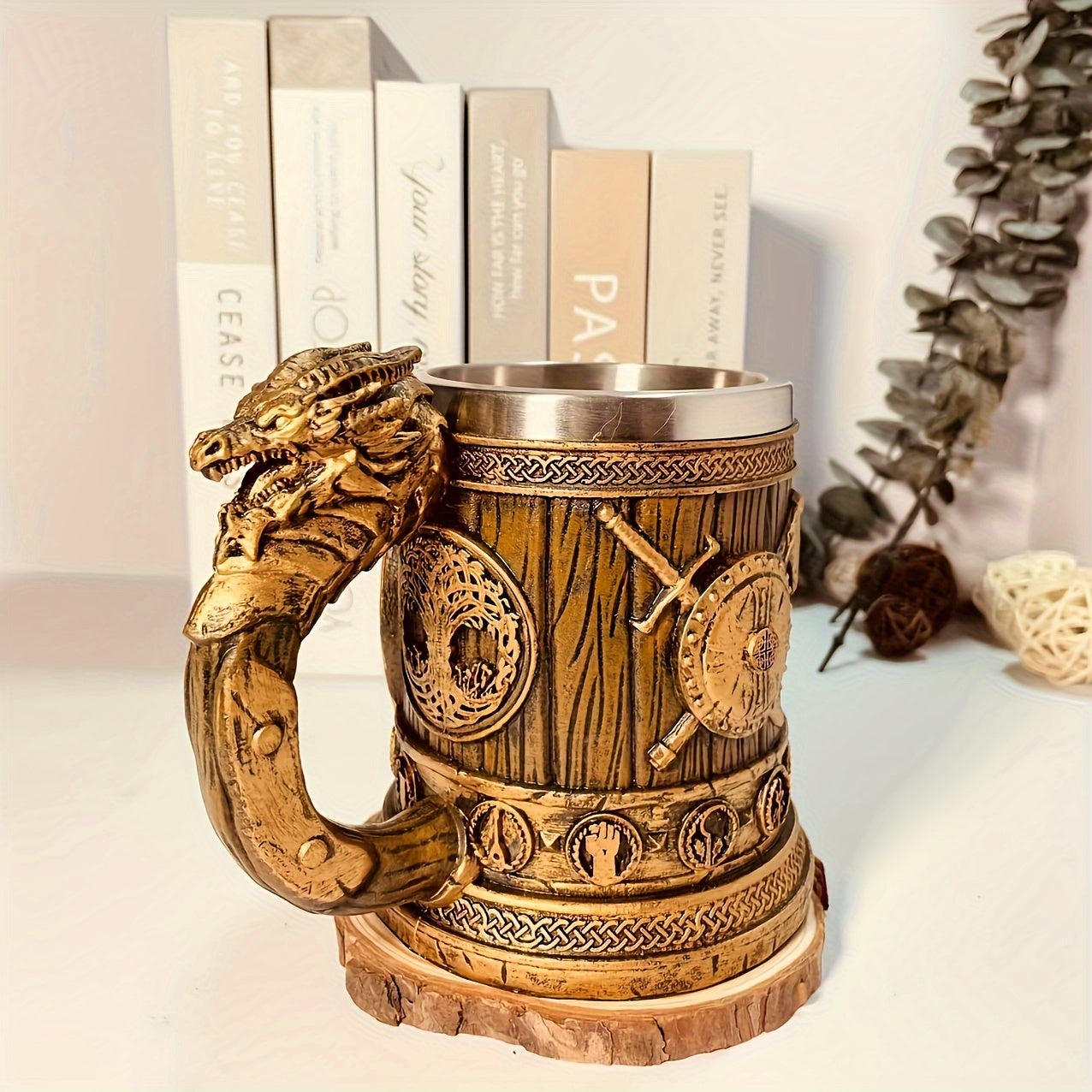 Vintage Medieval Handle Beer Mug: 600ml/20.29oz Large Capacity Stainless Steel Mug - Perfect for Summer Beverages, Coffee, or as a Men's Birthday Gift - Hand Wash Only - Resin Cup Collection