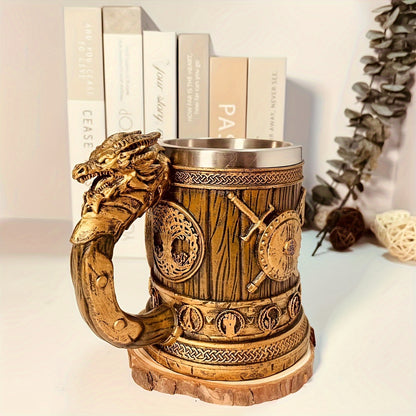 Vintage Medieval Handle Beer Mug: 600ml/20.29oz Large Capacity Stainless Steel Mug - Perfect for Summer Beverages, Coffee, or as a Men's Birthday Gift - Hand Wash Only - Resin Cup Collection