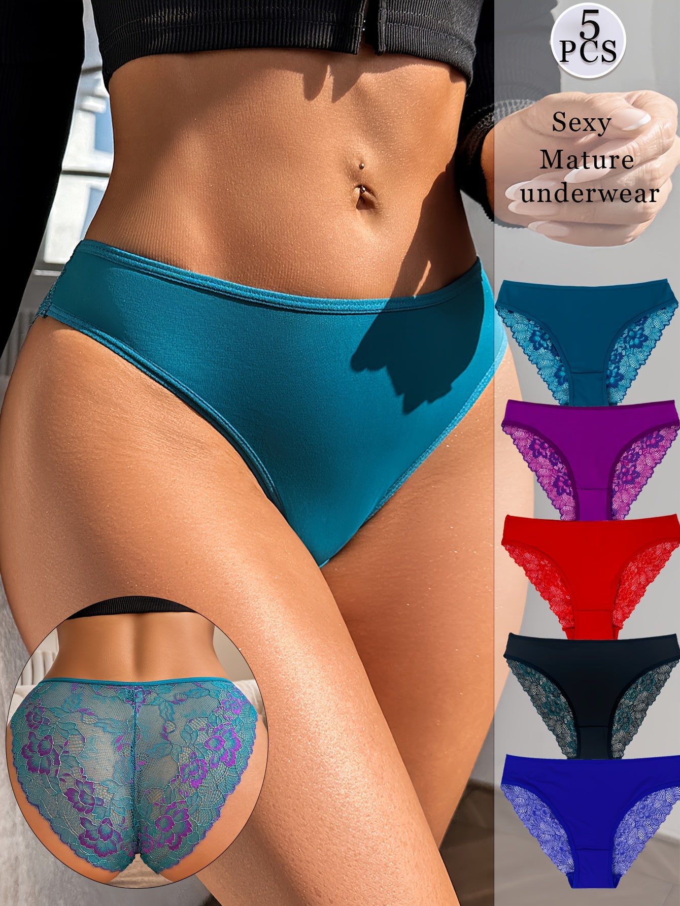 5pcs Women's Brief Underwear - Sexy Contrast Lace, Semi-Sheer Polyamide Knit Fabric - Elegant Drop Waist | Smooth & Soft | Hand Wash Only