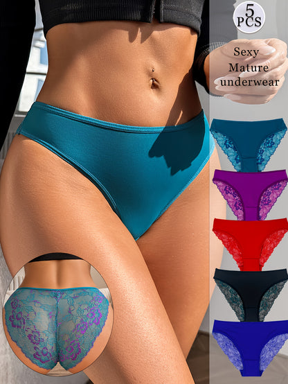 5pcs Women's Brief Underwear - Sexy Contrast Lace, Semi-Sheer Polyamide Knit Fabric - Elegant Drop Waist | Smooth & Soft | Hand Wash Only