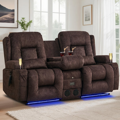Power Loveseat Recliner Sofa, Home Theater Seating RV Couch with Massage and Heat, Flipped Backrest Console, LED Light, USB Outlets, Velvet