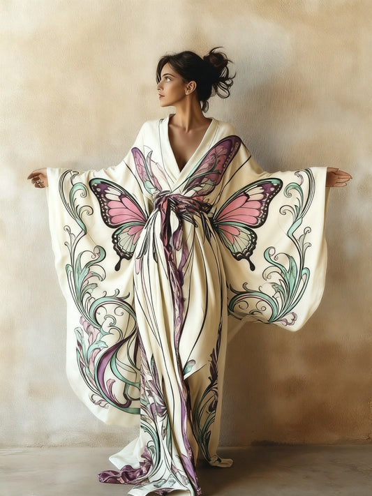 Vintage Ethnic Print Kimono Cardigan Dress | All-Over Print Design, V-Neck, Tie-Waist Belt, Perfect for Beach or Casual Wear, Ideal Gift for Mom, Birthday, Girlfriend, or Wife