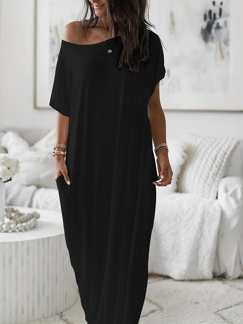 Women's Solid Color Batwing Sleeve Lounge Dress, Casual Comfy Short Sleeve Nightdress for Daily Wear, Loungewear, Ladies Sleepwear for All Seasons