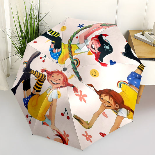 Pippilongstocking Automatic Folding Umbrella - Windproof, Portable Travel Umbrella with 8-Rib Durable Design, Vibrant Cartoon Character Print, Ideal Gift for Fans, Umbrella for Travel, Playful Design, Sturdy Handle