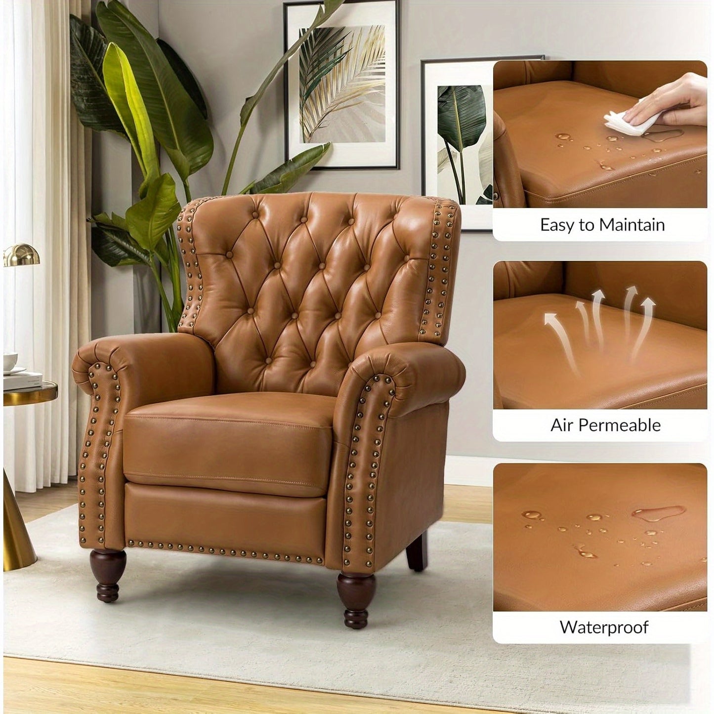 Genuine Leather Recliner Chair - Manual Push Back Recliner Sofa w/ Solid Hardwood Legs, Brown Luxury Living Room Armchair, Easy Assembly Non-Electric Recliner for Home Theater & Reading Nook - Durable Leather Upholstery, Soph