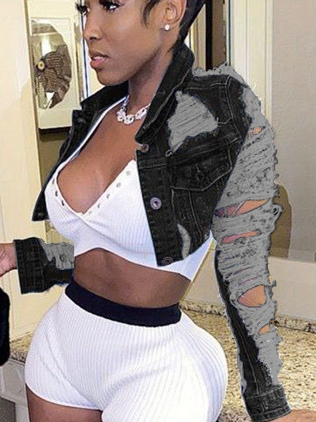 Cut Mini Sexy Cardigan Long Sleeve Denim Short Jacket