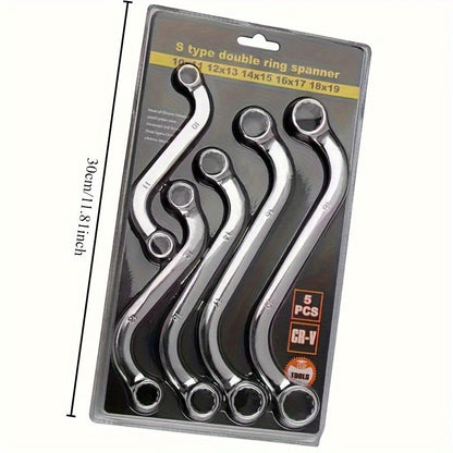 5pcs Steel S2S Double Ended Allen Wrench Set, 140-240mm Combination Ring Spanner, Curved Machine Fastener Repair Tools, Washable