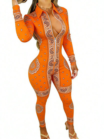 Women'S Long Sleeve Jumpsuit | Stylish Paisley Print, Slim Fit, Perfect for Parties, Dates & Daily Outings, Available in Sizes 2XS to 2XL