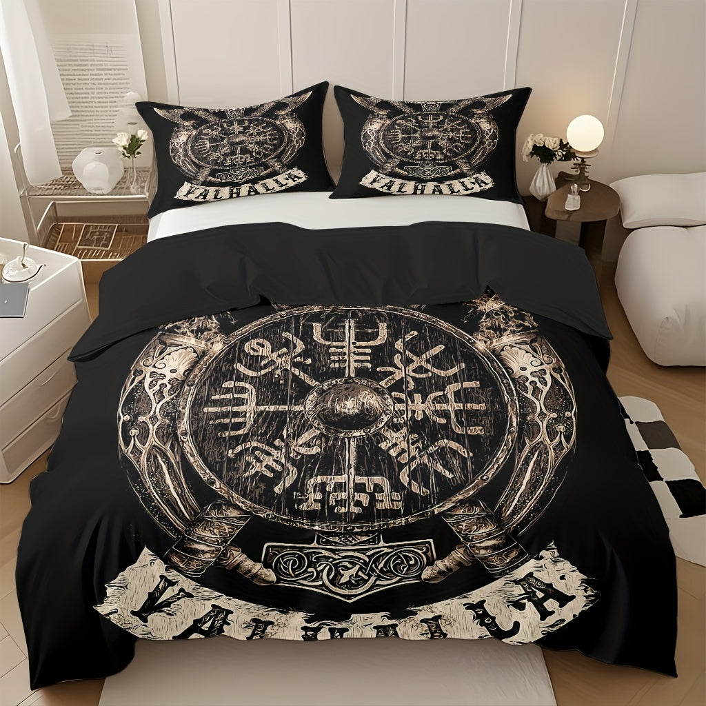 3pcs Comfortable Viking Shield Theme Duvet Cover Set, Soft High-Definition Digital Print, Soft, Breathable 100% Polyester, Perfect Gift, All-Season, Family And Friends Gift, Machine Washable (1 Duvet Cover + 2 Pillowcases, No