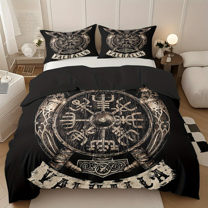 3pcs Comfortable Viking Shield Theme Duvet Cover Set, Soft High-Definition Digital Print, Soft, Breathable 100% Polyester, Perfect Gift, All-Season, Family And Friends Gift, Machine Washable (1 Duvet Cover + 2 Pillowcases, No