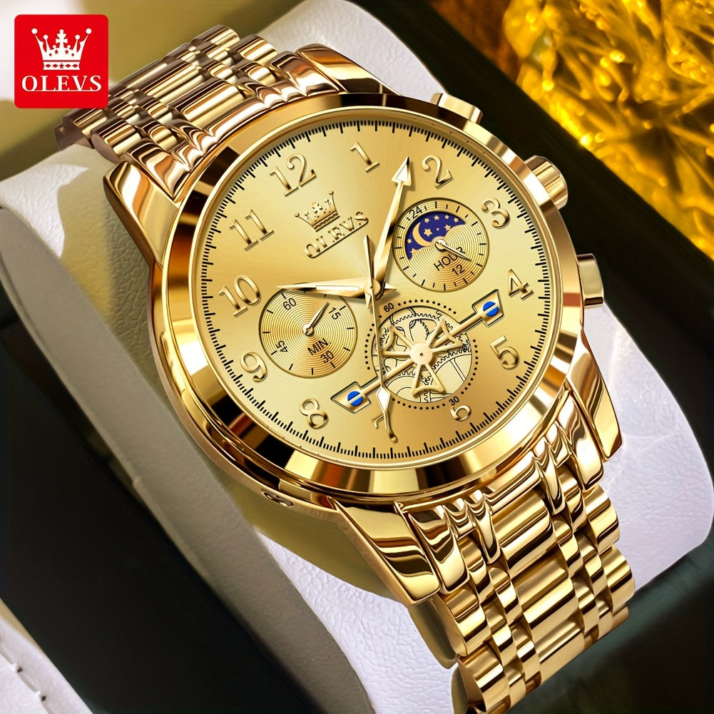 OLEVS Men's Luxury Multifunctional Quartz Watch - Stainless Steel Luminous Analog Watch with Moon Phase, Chronograph, Date/Day/24H Indicator, Golden-Tone & Bracelet for Business, Casual, Casual Attire - Dress Watch