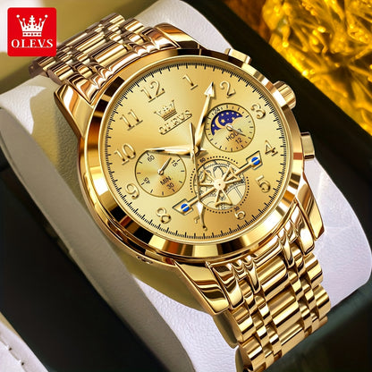 OLEVS Men's Luxury Multifunctional Quartz Watch - Stainless Steel Luminous Analog Watch with Moon Phase, Chronograph, Date/Day/24H Indicator, Golden-Tone & Bracelet for Business, Casual, Casual Attire - Dress Watch