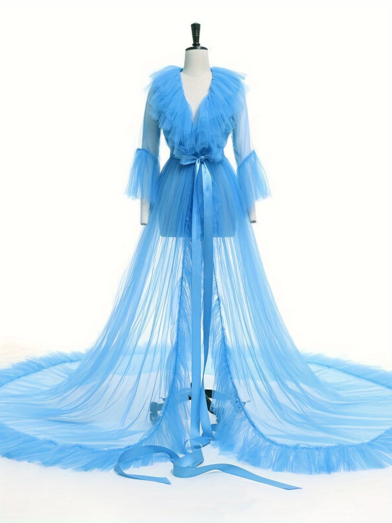 Women's Summer Kimono Dress - Sheer Tulle V-Neck Long Flare Sleeves Floor-Length Clothing, 4 Colors | 100% Polyester Machine-Washable Clothing with Sash Detail & Court-Style Design for All-Season Wear