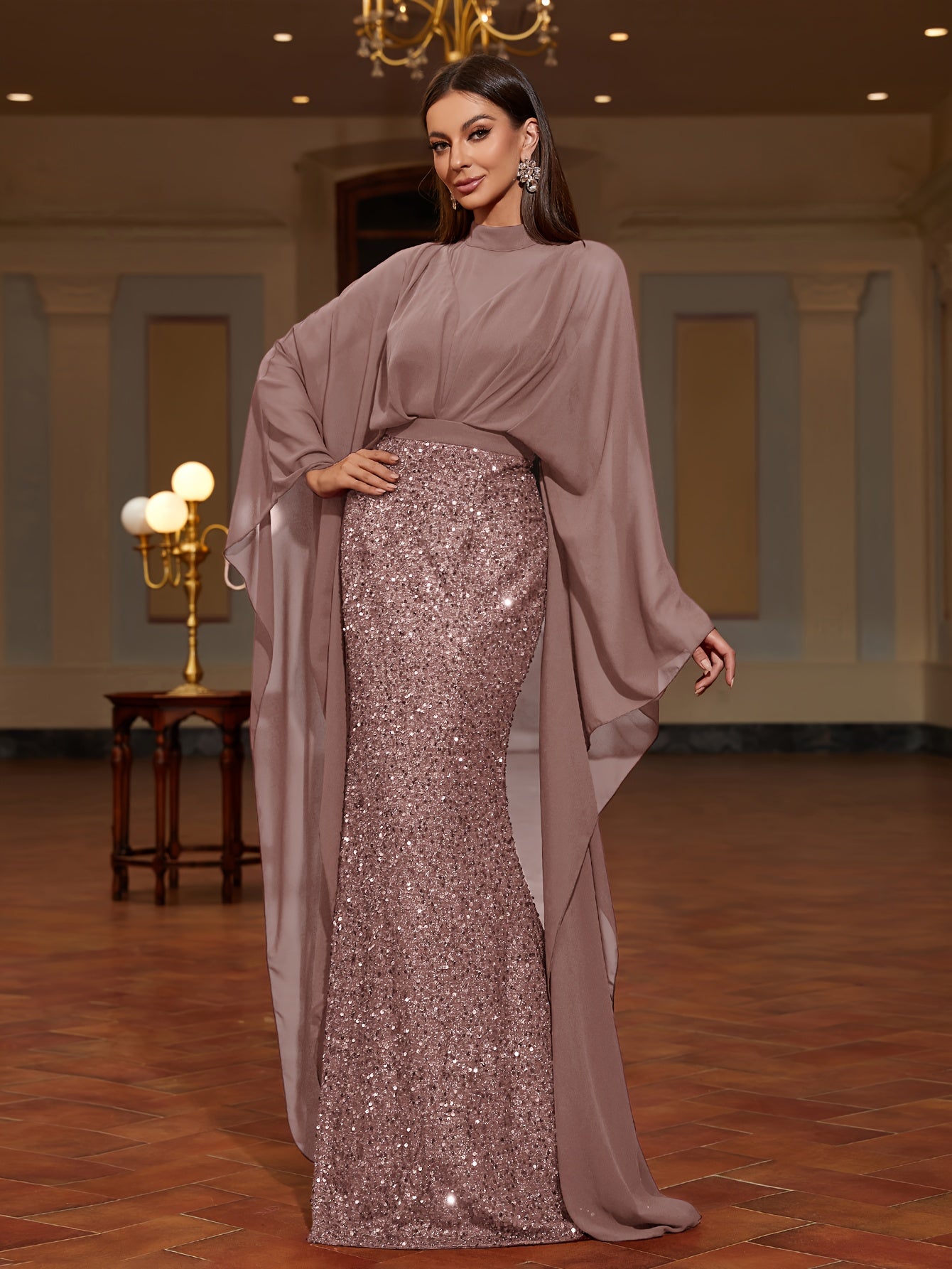 A Stand-Collar Chiffon Dress with Sequins, an Elegant And Stylish Long Dress for Women, Perfect for Parties, New Style for 2025, Evening Gown for Women, Performance Dress for Hosts, Bridesmaid Dress, Prom Evening Gown, Concer