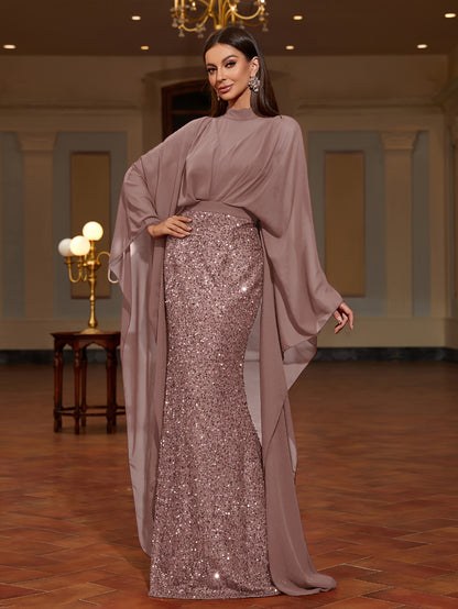 A Stand-Collar Chiffon Dress with Sequins, an Elegant And Stylish Long Dress for Women, Perfect for Parties, New Style for 2025, Evening Gown for Women, Performance Dress for Hosts, Bridesmaid Dress, Prom Evening Gown, Concer
