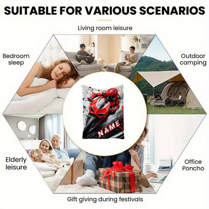Custom Name Cool Red Motorcycle Blanket-Lightweight Home Furnishings Bedding Blanket Suitable for Sofas Beds Travel Camping Living Rooms Offices Sofas Chairs and Beds-Soft and Warm Fabric Digital Printed Blanket