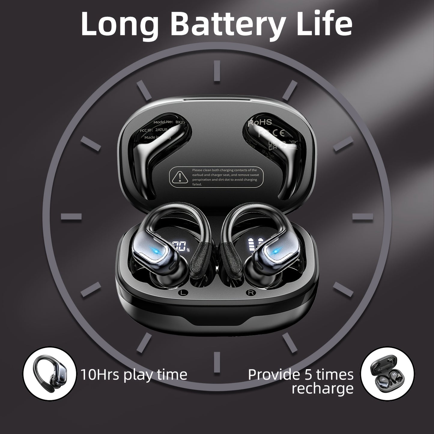 [Pure Bass Sound] LIFEBEE Wireless Earbuds | Earphones with Earhooks | Pure Bass Sound | ENC Noise Cancelling | Dual-LED Display | Built-in Microphone
