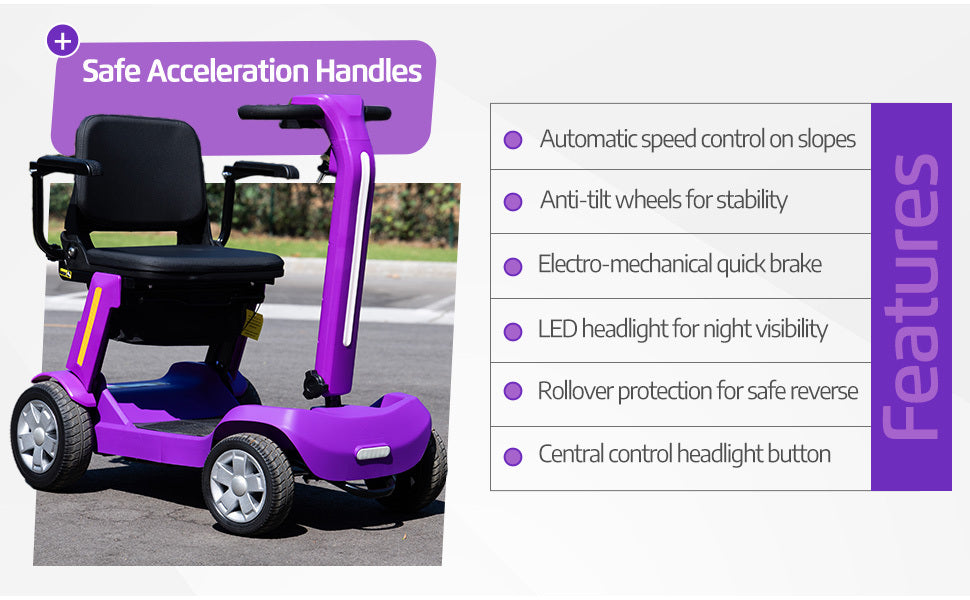 Foldable Mobility Scooter for Adults & Senior, 4 Wheels Powered Device for Travel, Lightweight and Portable, with LED Strip Light, Storage Bag, Charger Included, No Assemble Required