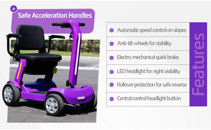 Foldable Mobility Scooter for Adults & Senior, 4 Wheels Powered Device for Travel, Lightweight and Portable, with LED Strip Light, Storage Bag, Charger Included, No Assemble Required