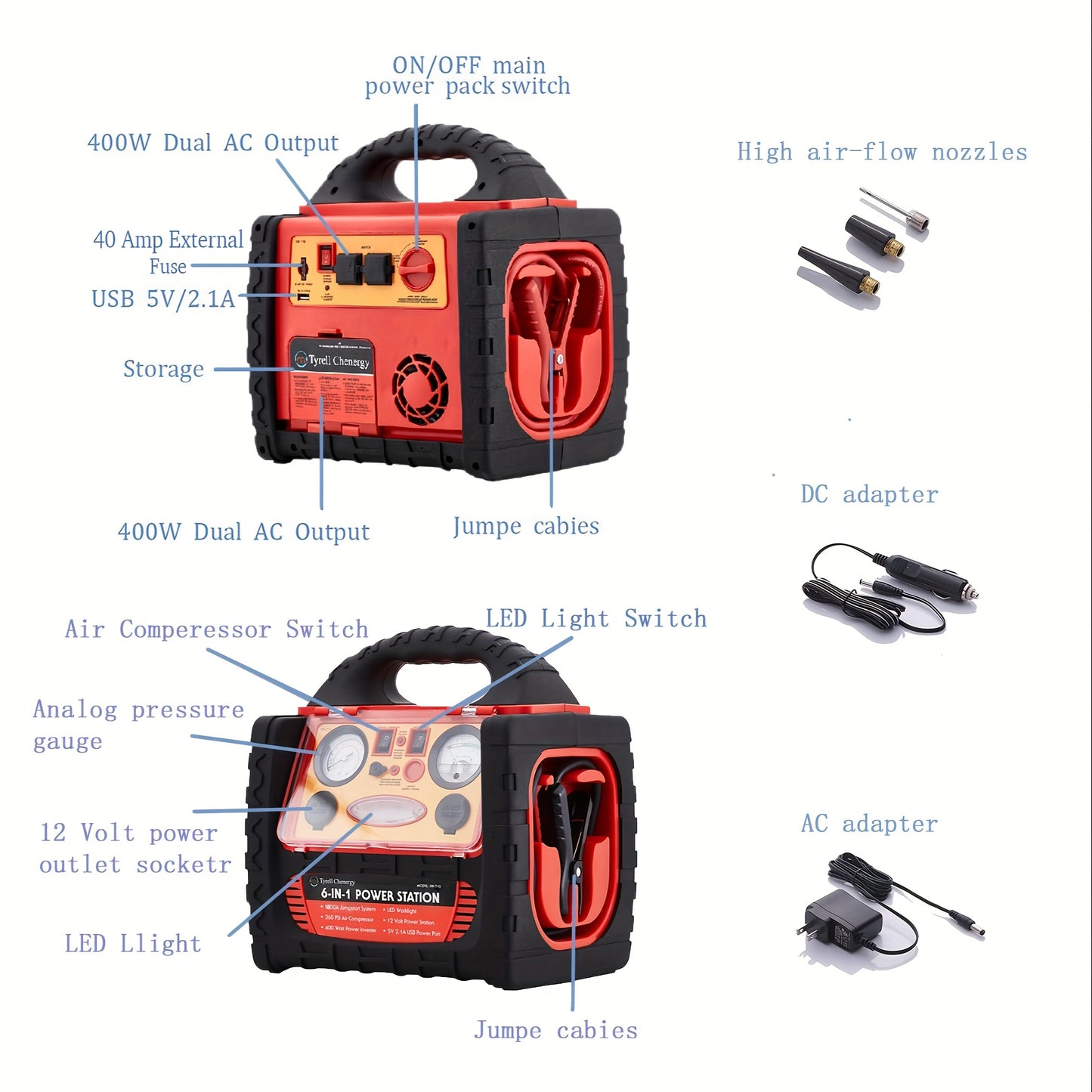1800 Amp Portable Power Station & Car Jump Starter with Air Compressor - Heavy-Duty 260 PSI Tire Inflator, 400W AC/DC Inverter, 2.1A USB Port, Dual Power Outputs, Battery Clamps Included for Emergency, for Backup, USB- Operat