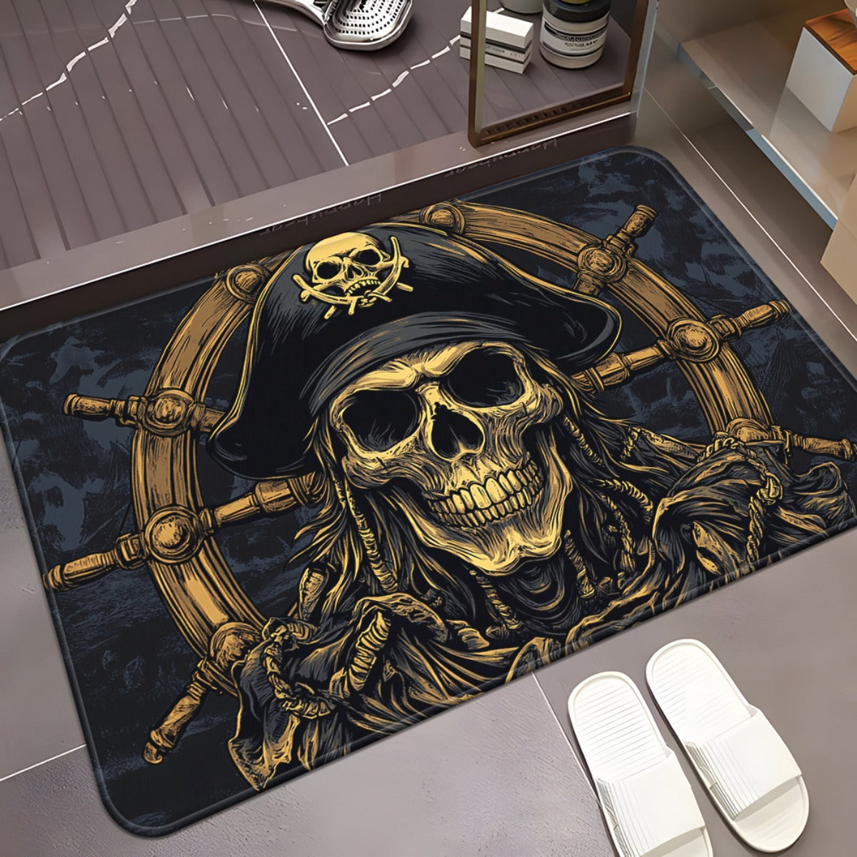 1pc Pirate Skull & Wheel Design Microfiber Absorbent Machine Washable Polyester Rug - Black & Golden Pirate Ship Wheel & Skull Motif, Durable Rectangular Floor Mat for Bathroom, Bedroom, Living Room Entrance, Home Decor, Bath