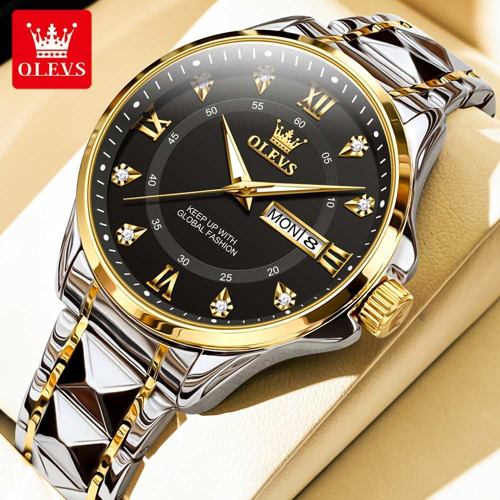 OLEVS Men's Luxury Business Chronograph Watch - Stainless Steel Dual Date & Day Calendar, Luminous Hands, Quartz Movement, Black Dial with Golden Accents for Formal & Casual Wear, Professional Timepiece, Sophisticated Style,