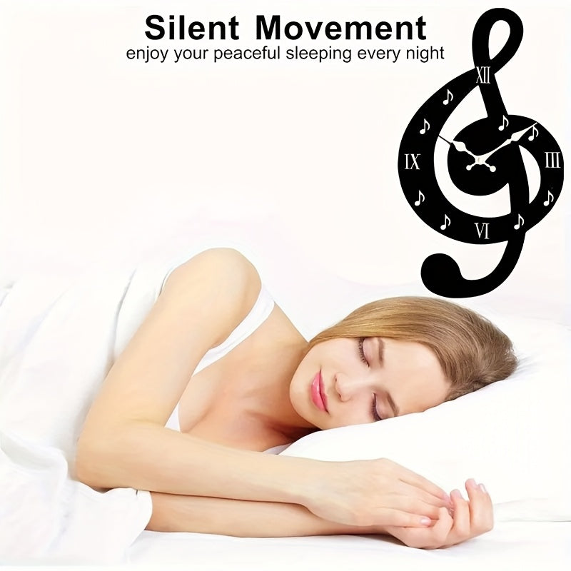 Creative hollow-out wall clock, minimalist musical note design, irregularly cut music-themed clock, silent quartz movement. Suitable for bedrooms, living rooms, offices, kitchens, and bathrooms. Battery-powered (batteries not