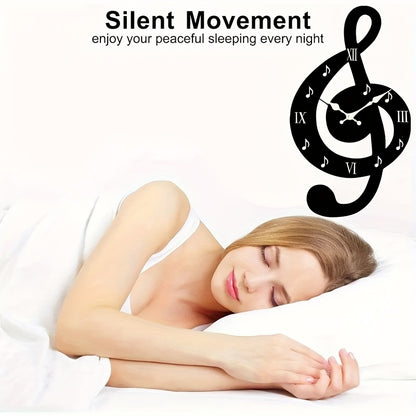 Creative hollow-out wall clock, minimalist musical note design, irregularly cut music-themed clock, silent quartz movement. Suitable for bedrooms, living rooms, offices, kitchens, and bathrooms. Battery-powered (batteries not