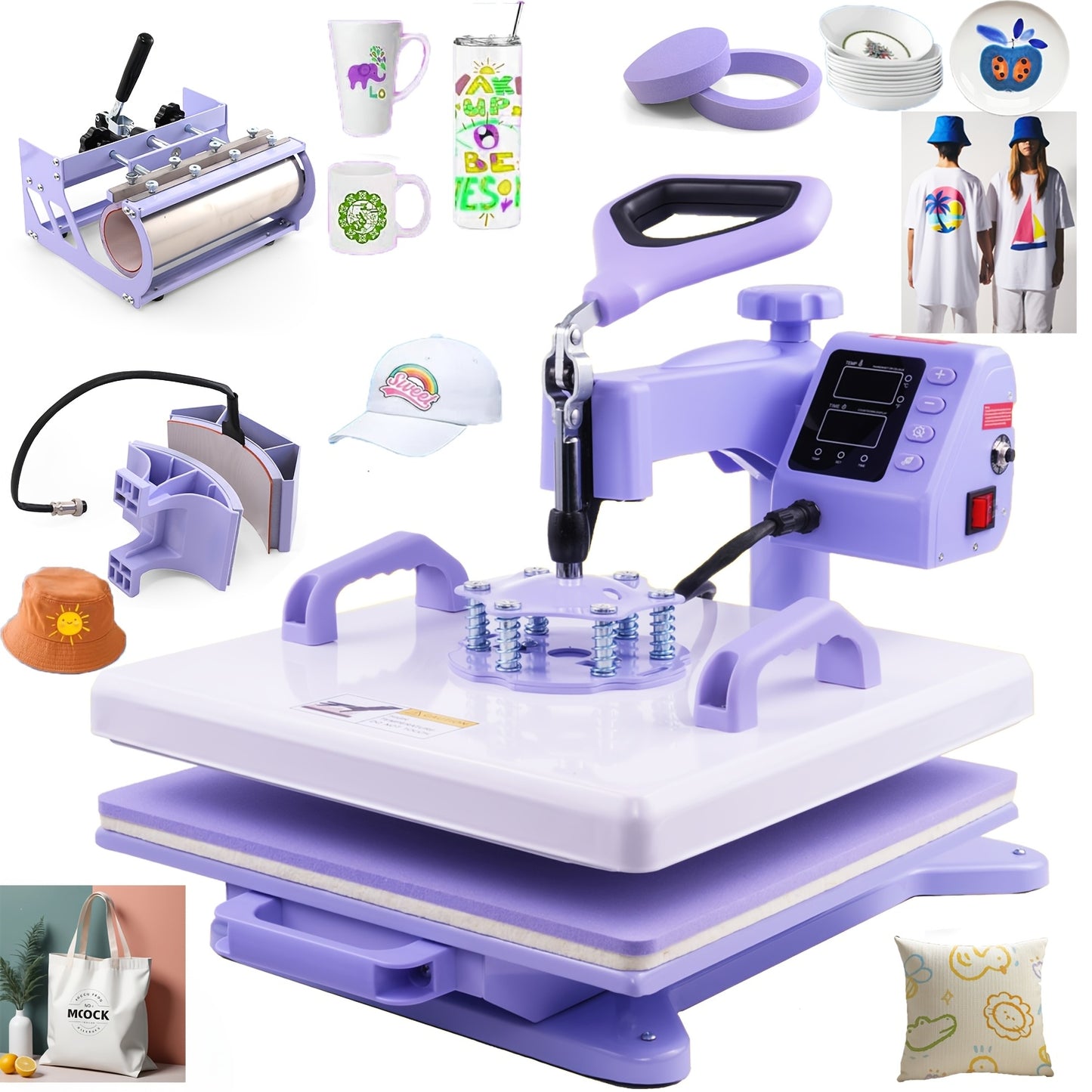 15x15 Inch 5-in-1 Set Heat Press Machine for Everything Transfers, Swing Away Press Machine for T Shirt, Bags, Pillows, Plates(6" And 8"), Tumblers, Mugs, Cups, Hats And Caps(5.5"x3") - Hat Heat Press - 3in 1 Can Only Press H