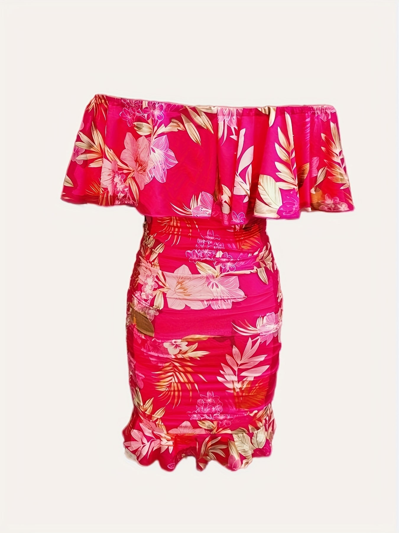 Floral Print Off Shoulder Dress, Sexy Ruched Bodycon Dress For Spring & Summer, Women's Clothing