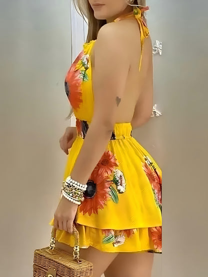 New Spring Summer Elegant Fashion Mini Jumpsuit, High-Waisted Backless with Ties, Perfect for Vacation and Cruise Trips