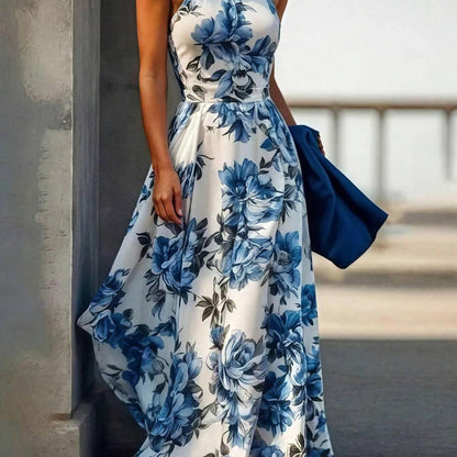 Women's Elegant Sleeveless A-Line Maxi Dress with Backless Hang Neckline, Smock Detail & Full Flare - -Length Wedding Guest Gown, Prom Dress, Special Occasion Attire